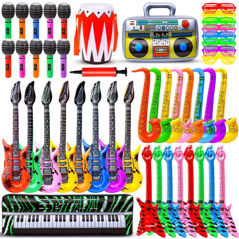 Max Fun Inflatable Rock Star Toy Set, 48pcs Inflatable Party Props for Kids 80s 90s Party Decorations Inflatable Guitars Inflate Rock Band Assortment Party Favors (Random Color) - Image 1
